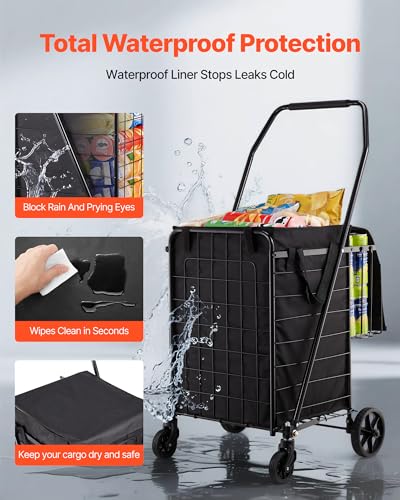 VEVOR Shopping Cart, Folding Grocery Utility Cart with Dual Baskets, Waterproof Liner & Wheels, 100 LBS Large Load Capacity, Heavy Duty Laundry Basket for Laundry, Shopping, Camping, Grocery, Luggage - size: Medium