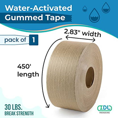 IDL Packaging 2.83" Water-Activated (Gummed) Tape, Standard-Duty 30 lbs Break Strength, 450' Roll Length, Brown Color (Pack of 1 Roll) - Reinforced Packing Kraft Paper Tape with Strong Adhesive - size: Pack of 1