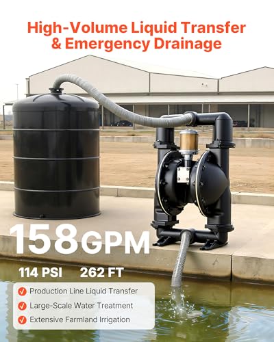 VEVOR Air Operated Double Diaphragm Pump, 158 GPM, 2 inch Inlet & Outlet Pneumatic Waste Oil Transfer Pump, Max 114 PSI, Aluminum Alloy Body, Air-Operated for Diesel, Grease, Kerosene, Gasoline & Oil - size: 158 GPM