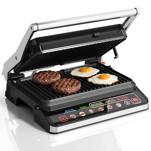 SUNVIVI 3-in-1 Electric Grill Indoor, Panini Press & Sandwich Maker with Removable Plates, 1600W, 8 Cooking Modes, 180° Flat Opening, Adjustable Temp, Ceramic Nonstick Dishwasher Safe, Stainless Steel - color: Stainless Steel