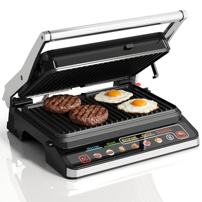 SUNVIVI 3-in-1 Electric Grill Indoor, Panini Press & Sandwich Maker with Removable Plates, 1600W, 8 Cooking Modes, 180° Flat Opening, Adjustable Temp, Ceramic Nonstick Dishwasher Safe, Stainless Steel - color: Stainless Steel