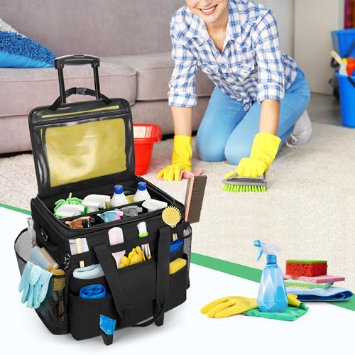 LoDrid Rolling Cleaning Caddy with Lid and Detachable Trolley, Black - color: Black