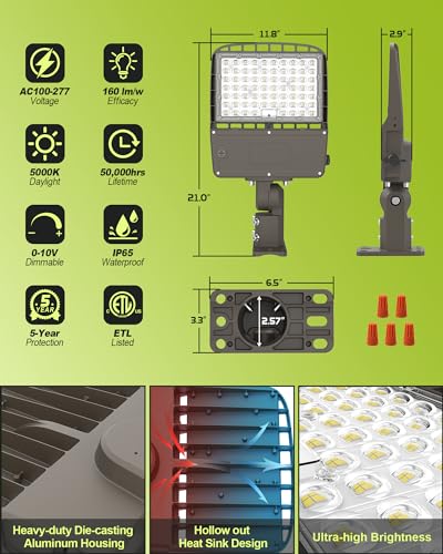 LED Parking Lot Light 240W/220W/200W Selectable, Dimmable 38400LM 160LM/W 5000K, Dusk to Dawn Photocell, IP65/ETL/100-277V, Arm Mount & Slip Fitter for Plazas, Streets, Commercial Areas & Lots - size: 240W/220W/200W Selectable