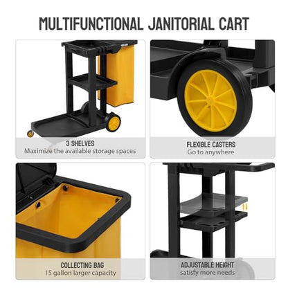 TUFFIOM Commercial Traditional Cleaning 3-Shelf Janitorial Cart, 500 Lbs Capacity Housekeeping Cart, Wheeled with Yellow VinylBag and Cover w Lid, Black, - color: Black