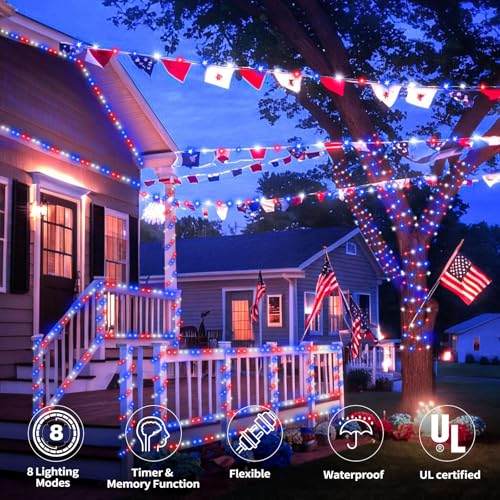 150ft LED Rope Lights Outdoor, 1080 LED Flexible Tube Lights with 8 Modes, Waterproof LED Rope Lighting for Independence Flag Day, Memorial Day, National Day, Outdoor,Indoor Decor (Red & White & Blue) - color: Red & White & Blue, size: 150ft