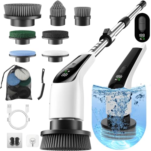 Electric Spin Scrubber, 50 in-lbs High Torque Shower Scrubber & Retractable Long Handle, 10-in-1 Variable Speed Cordless Cleaning Brush for Bathroom, Bathtub, Toilet, Kitchen, Tile Floors & Car - color: White
