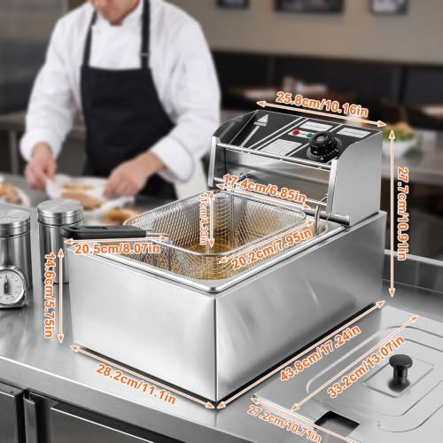 6.3QT Electric Deep Fryer with Basket, 1700W 316 Stainless Steel Commercial Deep Fryer, Adjustable Temperature Control 140°F-392°F, Countertop Deep Fryer with Lid, Oil Fryer for Home Kitchen