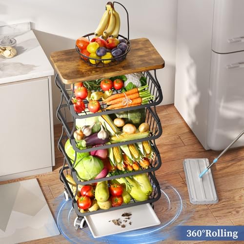 SAYZH 5-Tier Fruit and Vegetable Basket Stand for Kitchen, Wood Top, Black - color: Black, size: 5 Tiers