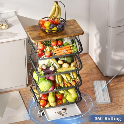 SAYZH 5-Tier Fruit and Vegetable Basket Stand for Kitchen, Wood Top, Black - color: Black, size: 5 Tiers