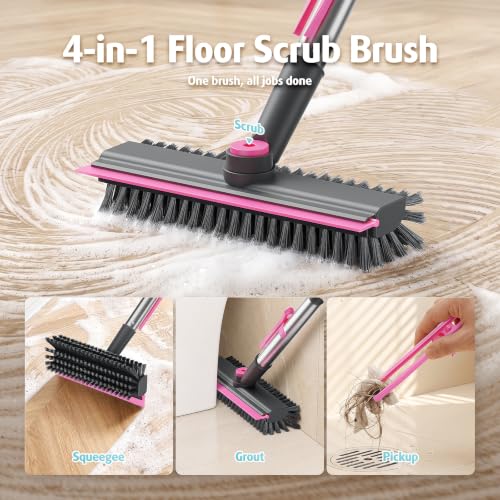 AIR U+ Floor Scrub Brush with Long Handle, 4 in 1 Floor Scrubber & Squeegee - color: Gray and Pink