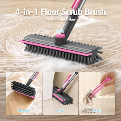 AIR U+ Floor Scrub Brush with Long Handle, 4 in 1 Floor Scrubber & Squeegee - color: Gray and Pink