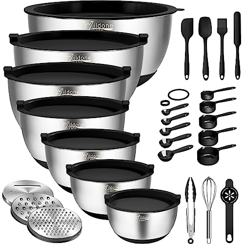 Wildone Mixing Bowls with Airtight Lids, Stainless Steel Nesting Bowls Set - color: Black
