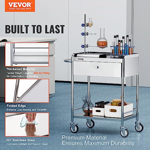 VEVOR Stainless Steel Utility Cart with Wheels - Medical/Dental Lab Cart - 2 Shelves/1 Drawer - style: Catering Cart