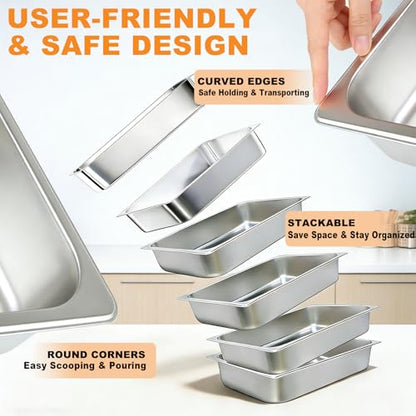 6 Pack Stainless Steel Hotel Pans,Full Size 4 Inch Deep 0.8mm Thick Anti Jam Commercial Food Pans with lid,for Steam Tables, Restaurants, Catering & Industrial Use