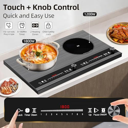 2 burner induction cooktop,110V 3000W 2 burner induction plate with Brushed Panel LED Knob Control, induction stove top with 9 Power Levels, Kids Lock & Timer,24 Inch double induction cooktop - size: 2 Burner induction Cooktop