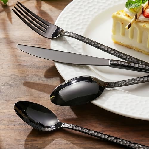 20 Piece Black Silverware Set,18/10 Stainless Steel Hammered Flatware for 4 - color: Black, size: 20-Piece