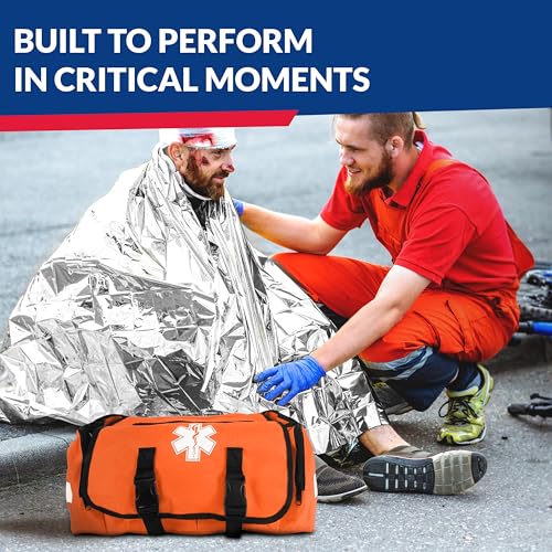 First Responder Trauma First Aid Kit Bag – Fully Stocked Emergency Medical Kit for Workplace, Vehicle & Home – OSHA & ANSI Compliant – Portable – Orange