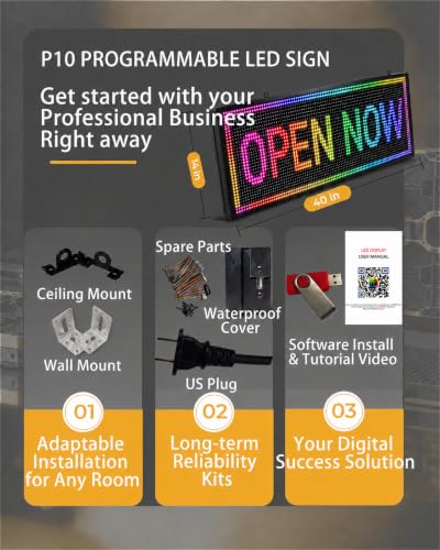 P10 Programmable Scrolling LED SIGN 40"×14" LED Display, 4000cd/m³ High Brightness led Display with WIFI+USB, Indoor Outdoor Digital Sign Screen, SMD Technology Open Sign for Advertising Advertising - size: P10 40*14 INCH