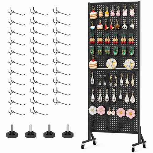 Peg Board Display Stand with Extra 32 Hooks 24" X70” Pegboard - color: Standing & Black