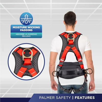 Palmer Safety Hammerhead 5pt Safety Harness Back Padded, QCB Chest, Tongue Buckel Legs Straps, Back & Side D-Rings - color: Red, size: XX-Large