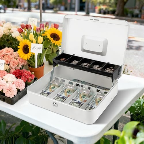 Jssmst Metal Cash Box with Money Tray and Lock, Portable Cash Drawer, 11.8" - color: White Key