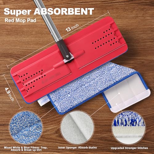 JOYMOOP Flat Mop Replacement Set, Microfiber Cleaning Tool with 60" Handle and Flexible 13" Head, Black & Red, for Floor and Wall Cleaning - color: K