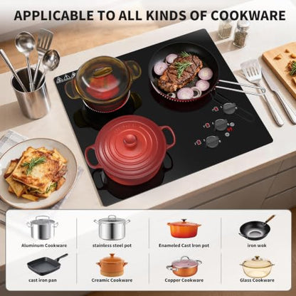VBGK Electric Cooktop,24 inch 220V Electric StoveTop,Touch and Knob Control,LED,9 Power Levels, KidsLock & Timer Overheat Protection,500w3 burmercooktop. - size: 3 Burners Electric Cooktop