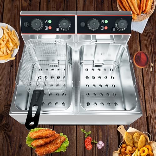 Commercial Deep Fryer with Basket, 12L Electricity Countertop Fryer Stainless Steel, 1800W Professional Food Fryer with Thermostat for Restaurant & Home, Large Capacity 12.7QT Oil Fryer, 120V - size: 6L double cylinder double screen