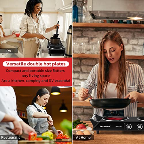 Hot Plate, Techwood 1800W Double Infrared Ceramic Electric Stove for Cooking, Dual Control Cooktop Burners, Portable Anti-scald Handles Suitable for RV/Home/Camp, Compatible for All Cookwares - color: Black, size: Infrared Ceramic Double Burner