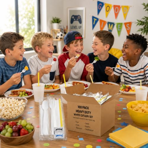 100 pack | Individually wrapped Cutlery set | White Heavy Duty Cutlery | Utensil set with Fork, spoon, knife, Napkin, Straw and Salt/Pepper packets (6 in 1) | Plastic Disposable Flatware Cutlery Kits - color: White