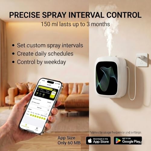 Waterless Essential Oil Diffuser, Cold Air Scent Diffuser Machine for Home & Office, Bluetooth App & Manual Control, USB-C or D Battery Powered, Wall Mount or Tabletop, White