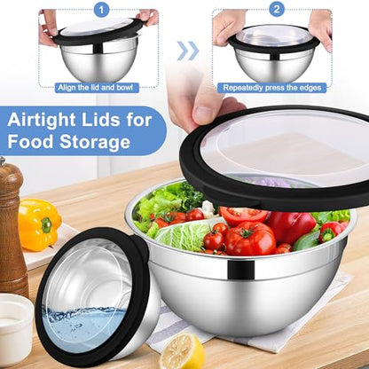LIANYU Stainless Steel Mixing Bowls with Transparent Airtight Lids Set of 6 - color: Black, style: Atlas Base with Visible Lids