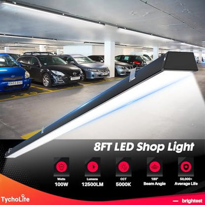8FT LED Shop Light, 100W 12500lm, 5000K Daylight, Compact Black 8 Foot Commercial Lighting Fixtures for Workshops, Garage, Office, Surface/Suspension Mount, with 5FT Cord Switch, 6 Pack