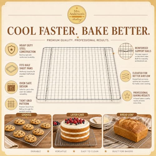 Mrs. Anderson's Baking Professional Cooling Rack, Heavy Duty Steel, Fits Half Sheet Pans, 16.5 x 11.875 x 0.625-Inches - size: Half Sheet -11.75 x 16.5-Inch
