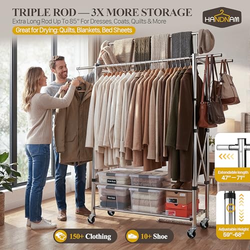 Foldable Heavy Duty Clothes Rack for Hanging Clothes, 71 Inch 3-Rods