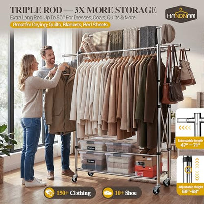 Foldable Heavy Duty Clothes Rack for Hanging Clothes, 71 Inch 3-Rods