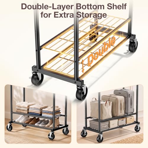 Heavy Duty Clothes Rack Load 960LBS, Adjustable Three Rods Rolling Garment Rack with Double-Layer Bottom Shelf, Portable Commercial Clothing Rack for Hanging Clothes with Wheels, Black - color: Black