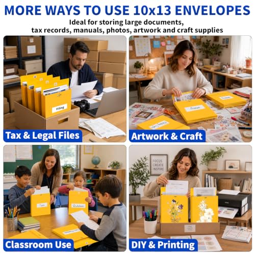 40 Pack 10x13 In Expanding Manila Envelopes with Reusable Clasp and Gummed Seal 180 GSM Heavyweight Large Yellow Envelope Folders 1.2'' Expansion for Home Office Business Mailing Storage Organizing - size: 40pcs-10x13in