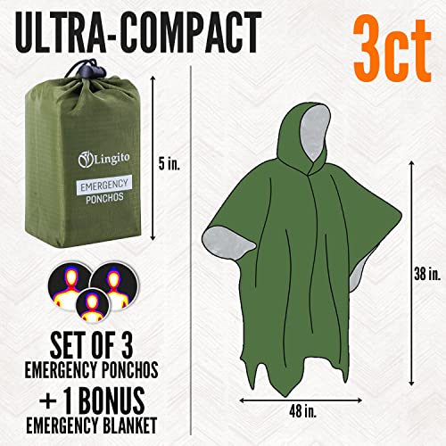 Lingito Rain Ponchos Family Pack - Emergency Drawstring Hood Poncho for Children & Adults Lightweight Reusable or Disposable - color: Green, style: Thermal (3+1-pack)