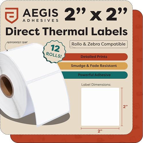 2" X 2" Square Direct Thermal Printer Labels (8400 Count, 12 Rolls) - size: 2" X 2"