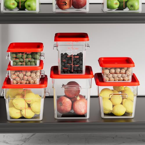 4 Quart Set of 4 Food Storage Containers,Commercial Clear Square Food Storage Containers with Lids and Handles(BPA FREE) - color: Red-4Pack-4qt