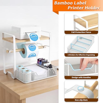 Label Holder for Thermal Printer - Sticker Roll Dispenser - Shipping Lable Holder for Rolls and FanFold Labels - Thermal Printer Stand for Home, Office, Small Business (Bamboo-White) - color: White