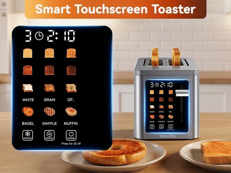 Mecity 2 Slice Toaster Smart Touchscreen, Stainless Steel Wide Slot Toasters Defrost, Reheat, Memory Function, Auto Shutoff, Digital Electric Bread Toaster for Bagel Muffin Waffle, 120V - color: 2 Slot-Brushed stainless steel gray