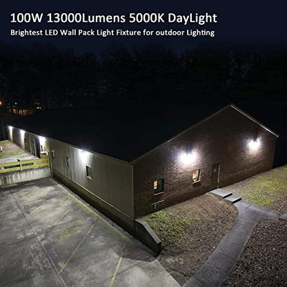 LED Wall Pack Light with Dusk to Dawn Photocell,100W 13000LM 5000K Daylight Wall Pack, AC100-277V Input,500W HPS/HID Equivalent, Waterproof Commercial Security Lighting for Warehouses, Garage, 2 Pack