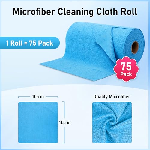 Microfiber Cleaning Cloth Roll, 75 Pack Tear Away Microfiber Towel, Reusable Washable Shop Towels, Lint Free All-Purpose Cleaning Rags Wash Cloths for Home Car Kitchen Automotive 11.5"x11.5" - color: Blue, size: 75
