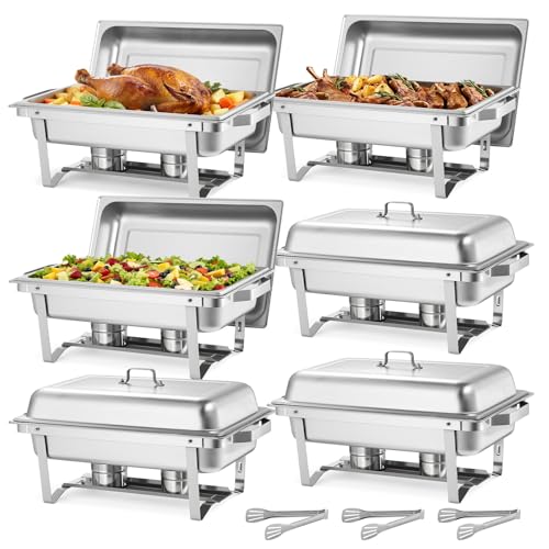VEVOR Rectangle Chafing Dishes, 9 Qt 6 Pack Stainless Steel Chafing Dish, Food Warmer Chafer Complete Set with Hollow Handle, 3 Food Tongs, Lid, Holder, Chafer Dishes for Banquet Party Wedding - size: 6 PACKS