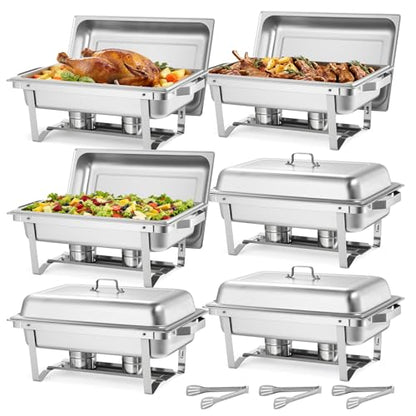VEVOR Rectangle Chafing Dishes, 9 Qt 6 Pack Stainless Steel Chafing Dish, Food Warmer Chafer Complete Set with Hollow Handle, 3 Food Tongs, Lid, Holder, Chafer Dishes for Banquet Party Wedding - size: 6 PACKS