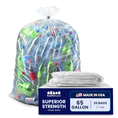 Plasticplace 65 Gallon Trash Bags │ 2.7 Mil │ Clear Heavy Duty Garbage Can Liners │ 50” x 48” (25 Count) - color: Clear, size: 1 Count (Pack of 25)