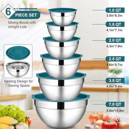 LIANYU 6 PCS Stainless Steel Mixing Bowl, Kitchen Nesting Bowls for Cooking - color: Dark Blue, style: Atlas Base with Airtight Lids