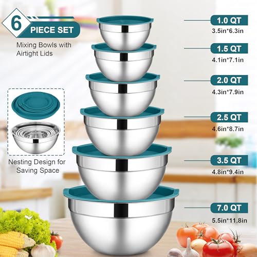 LIANYU 6 PCS Stainless Steel Mixing Bowl, Kitchen Nesting Bowls for Cooking - color: Dark Blue, style: Atlas Base with Airtight Lids